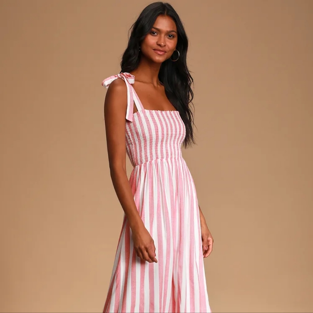 Red Stripe Smocked Tie-Strap Midi Dress